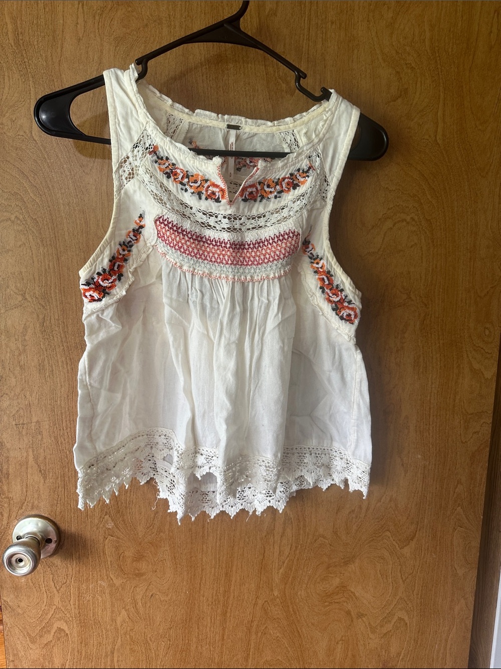 Free People White Embroidered Crochet-Trim Tank with Pink & Orange Accents